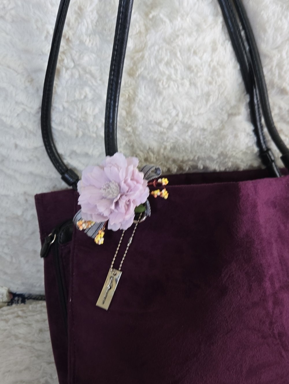 Sag Harbor Plum Suede Shoulder Tote with Floral Charm - Picture 3 of 8